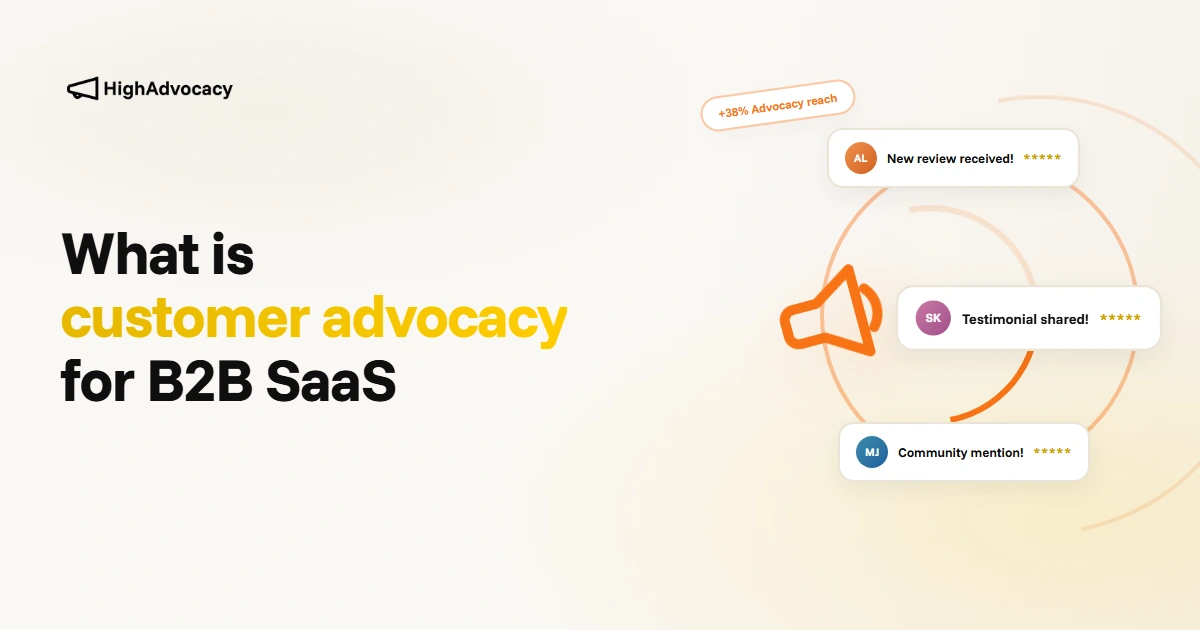 Customer advocacy illustration showing B2B SaaS customers sharing reviews and referrals